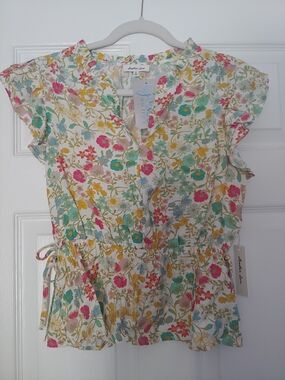 Another Love White Floral Flutter-Sleeve Drawstring Peplum Top